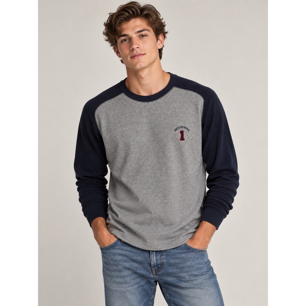 Vinatge Abercrombie & Fitch Muscle Gray & Blue Varsity Ribbed Thermal Shirt, L